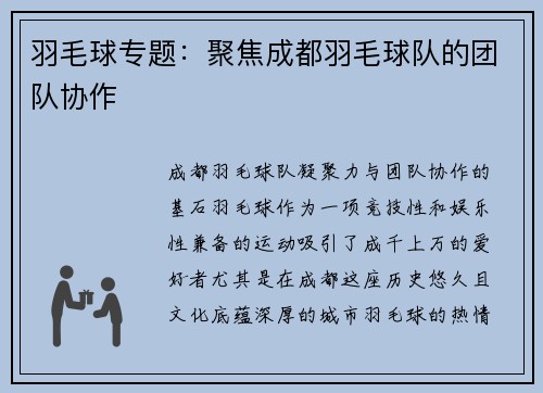 羽毛球专题：聚焦成都羽毛球队的团队协作