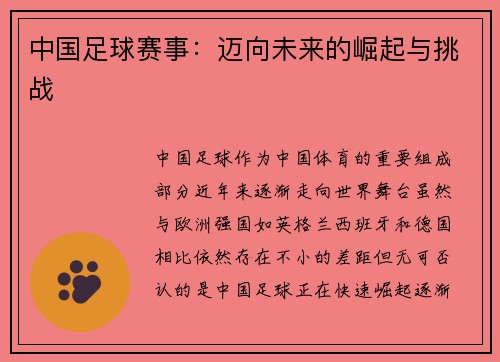 中国足球赛事：迈向未来的崛起与挑战