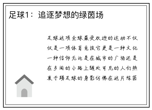 足球1：追逐梦想的绿茵场