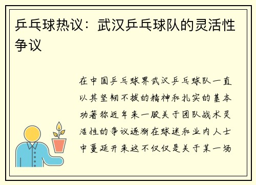 乒乓球热议：武汉乒乓球队的灵活性争议