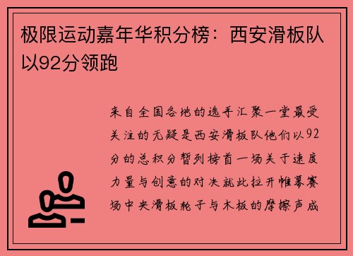 极限运动嘉年华积分榜：西安滑板队以92分领跑